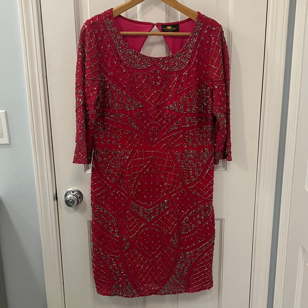 Fully Beaded hot pink Dress size 10 Lotus Threads NewYork 3/4 sleeve keyhole